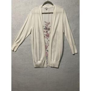Croft & Barrow Cardigan Womens Large White Floral Back Lightweight Open Front